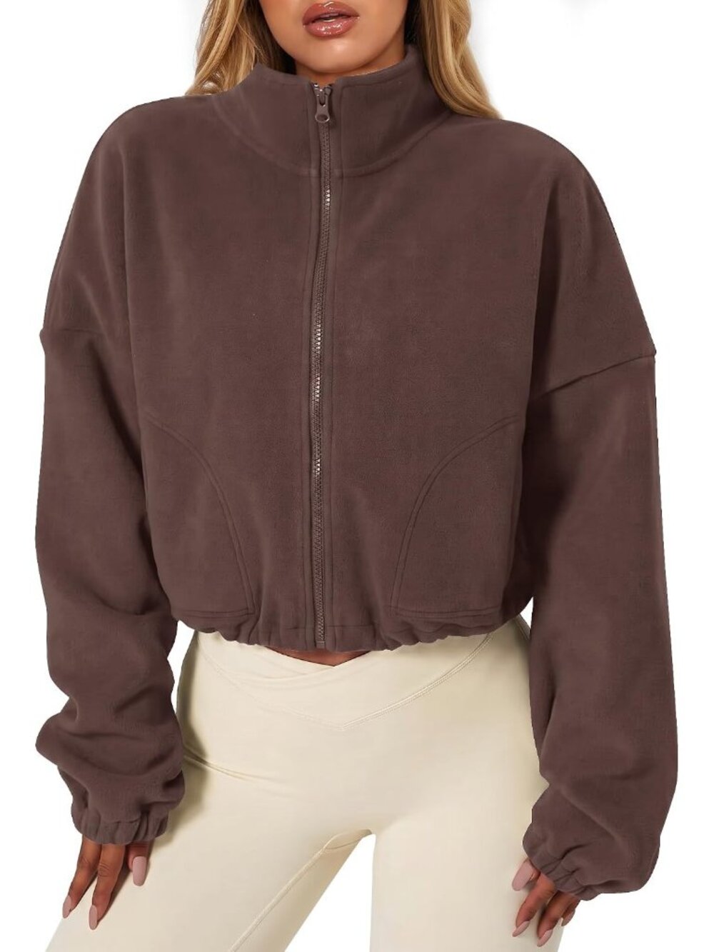Women's Reddish Brown ZIP Sherpa Coat Stand Collar Warm Cropped Fleece Jacket